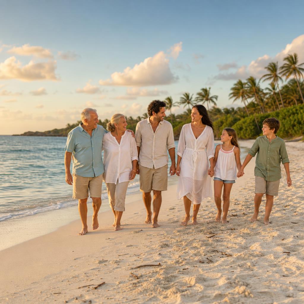Multigenerational family walking together on a tropical beach