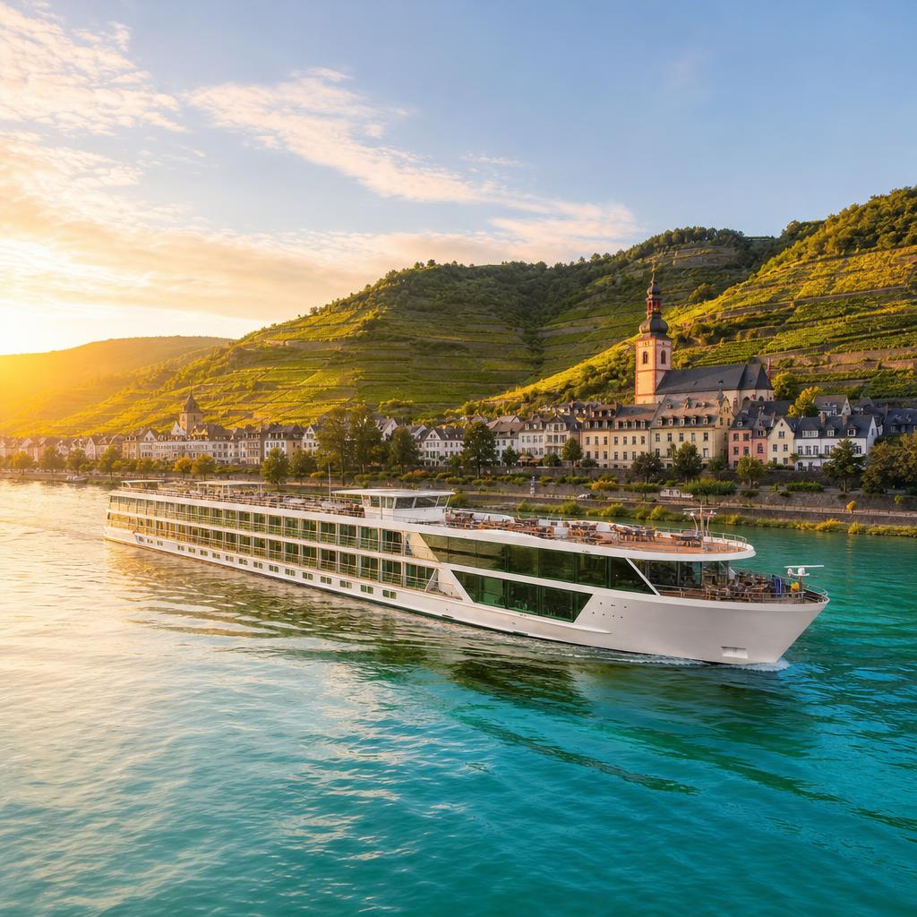 River cruise ship passing a European village and vineyard hills