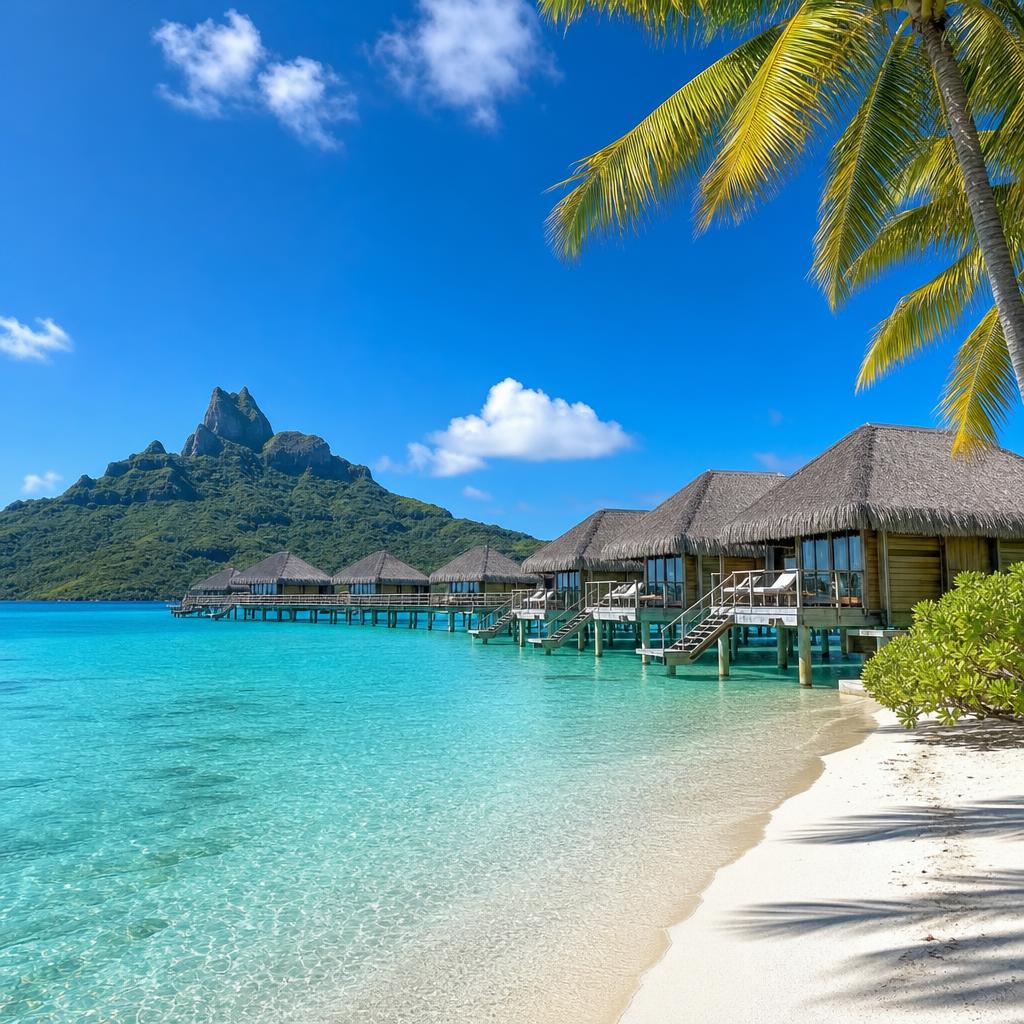 Tropical overwater resort surrounded by turquoise water and mountains