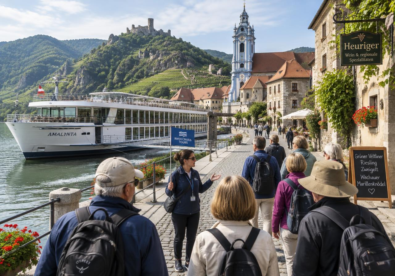 River cruise ship passing a European hillside village