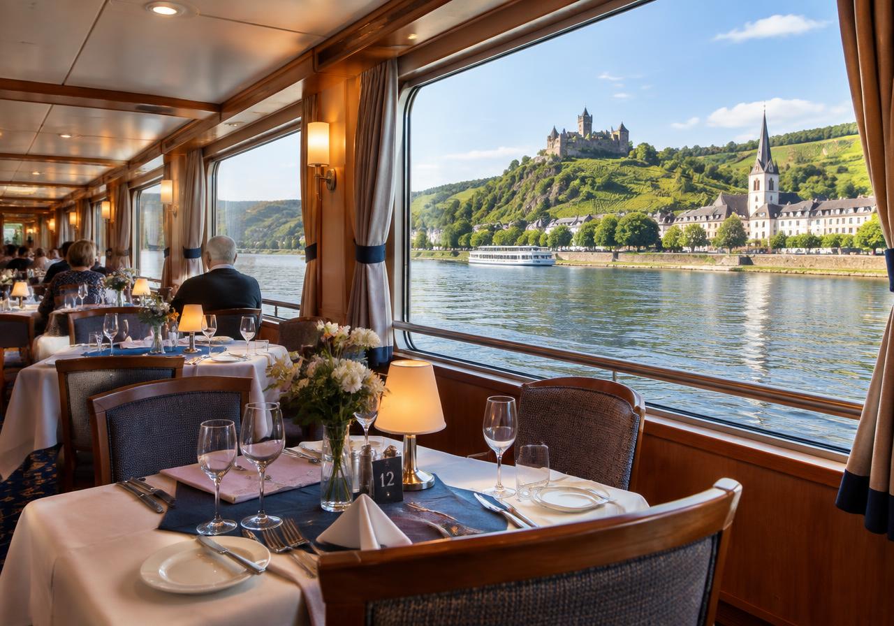River cruise ship passing a European hillside village