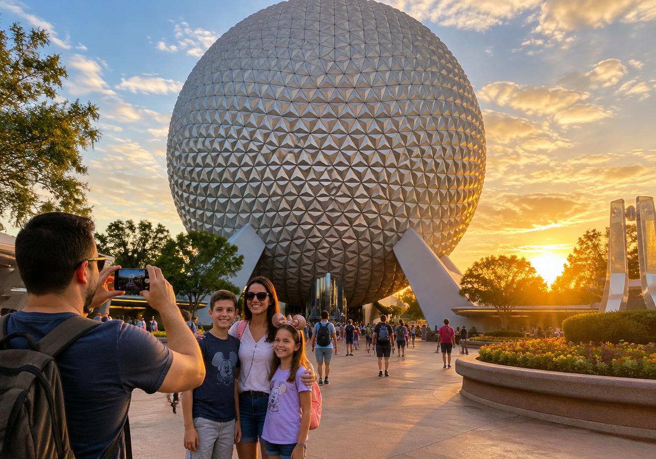 Family near a fairytale castle at a theme park at dusk