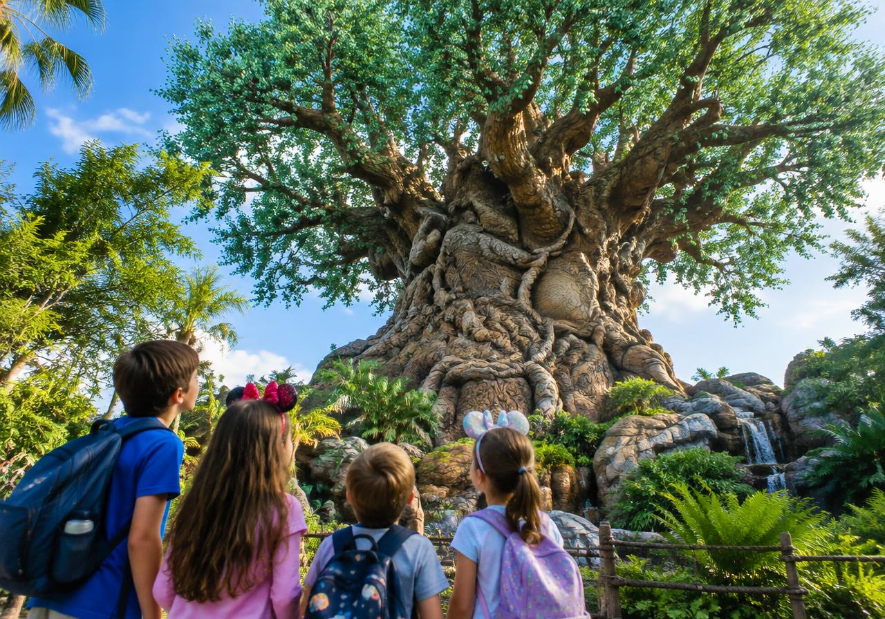 Family walking together toward a theme park castle